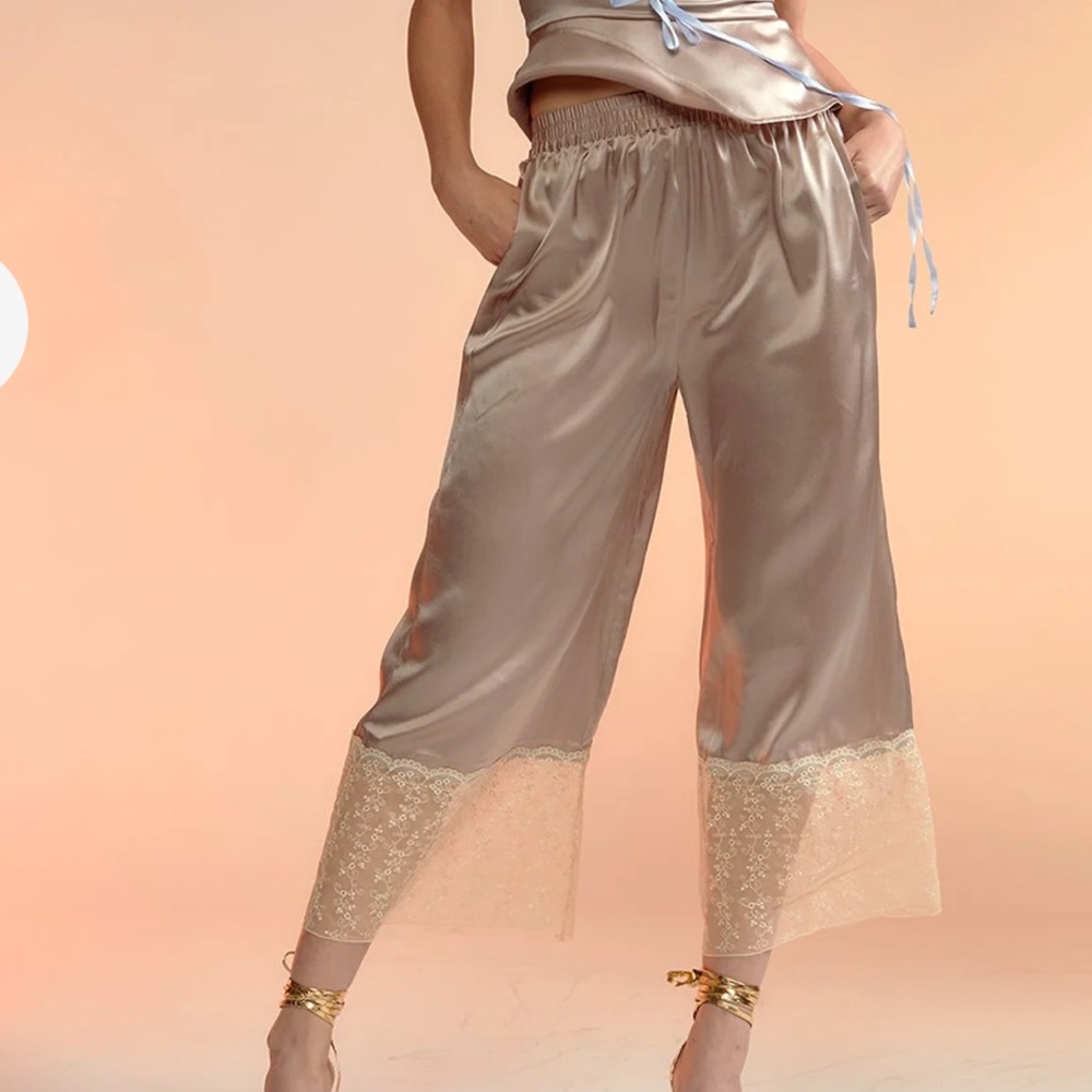 Cynthia Rowley Wide-Leg Lace-Trim Silk Pants